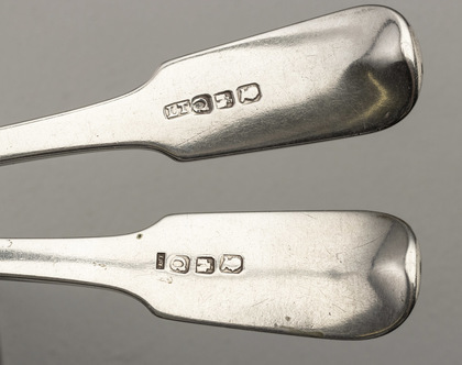 Cape Silver Dessert Spoons (Pair) - Lawrence Twentyman, different makers mark punches, Heathcote Family Crest